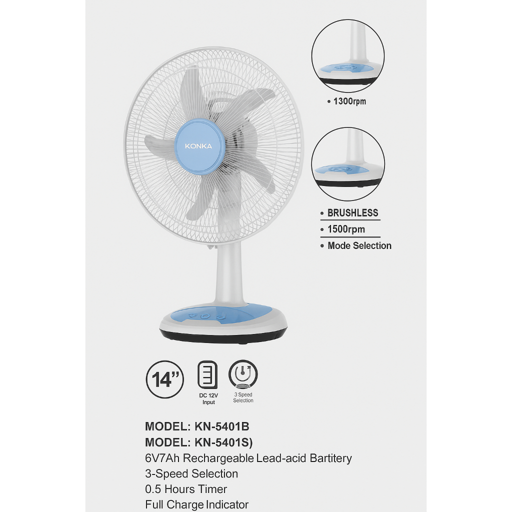 Kipas Angin Rechargeable 14 Inch Konka KN-5401 Series Biru Murah Meriah Pengiriman Cepat