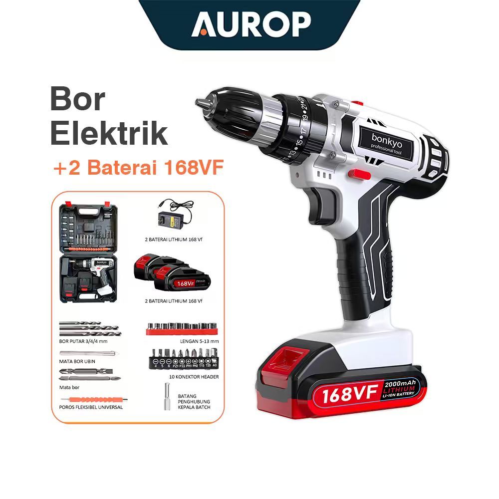 AUROP 168VF Mesin Bor Impact Drill / Bor baterai /Bor Listrik/Beton Besi Kayu Full  Set Pilihan Bor 