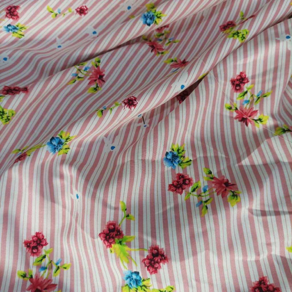 Kain Katun Viscose Premium Motif Stripe Floral – Cocok untuk Baju Wanita, Tunik, Outer (Harga Kain P