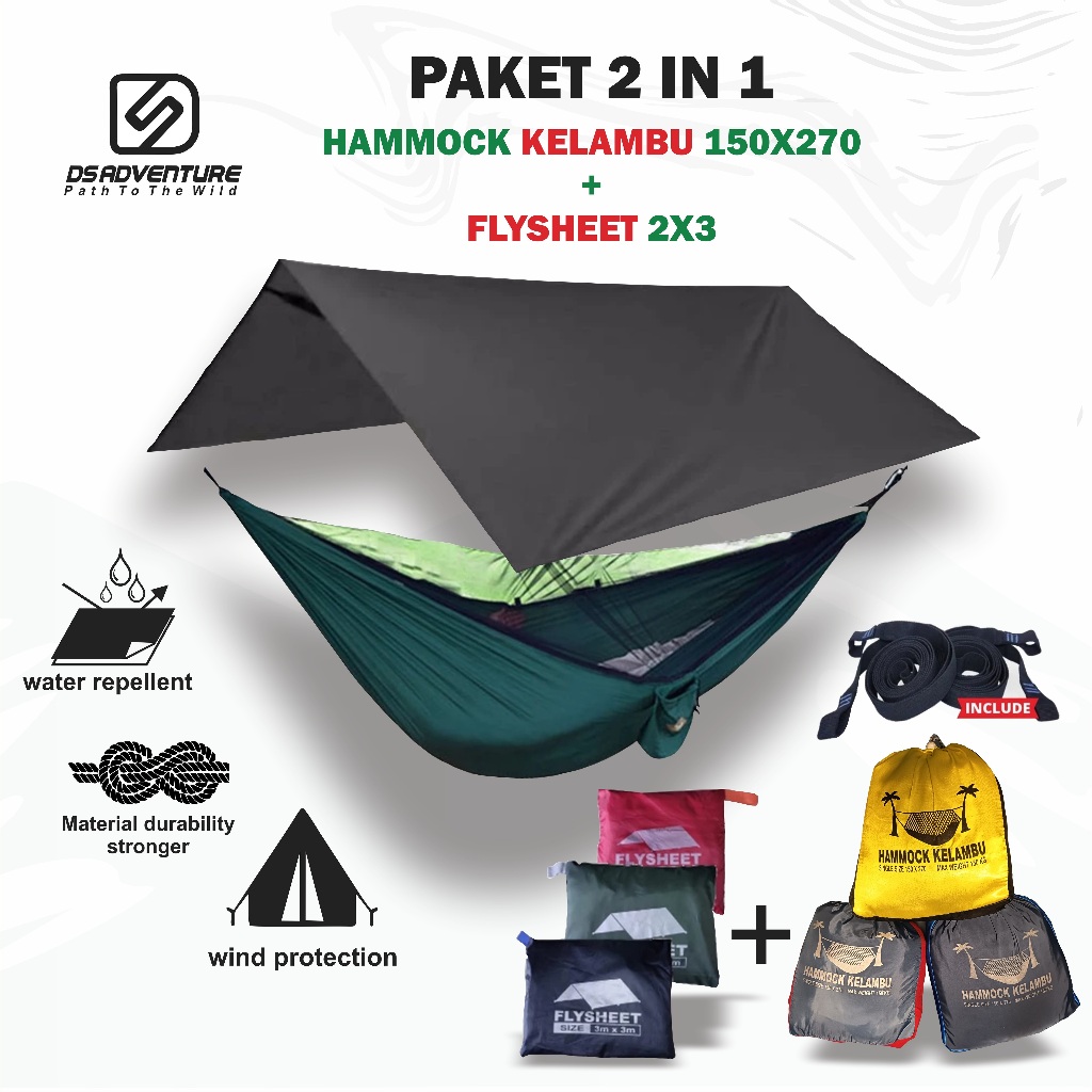 Paket hammock kelambu + flysheet 2x3 - hammock kelambu anti serangga - waterproof
