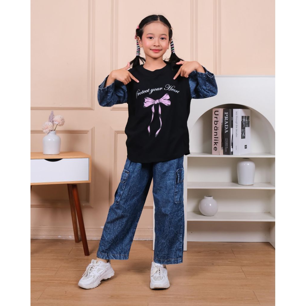 (Gratis Ongkir) Setelan Baju anak perempuan Baju Gambar Pita Celana Levis Cargo 3 tahun - 14 Tahun
