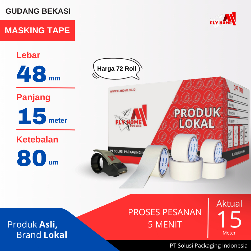 

FLYHOME 1Dus Lakban Kertas 48x15M 2inchi Masking Tape 15meter CARGO