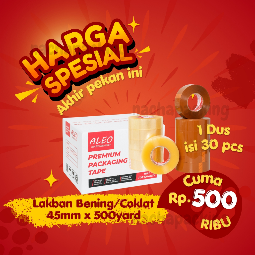 

DUS 30 ROLL Lakban Bening 45mm x 500 Yard - Lakban Coklat 45mm x 500 Yard JUMBO ALEO / Lakban Bening 500 Yard