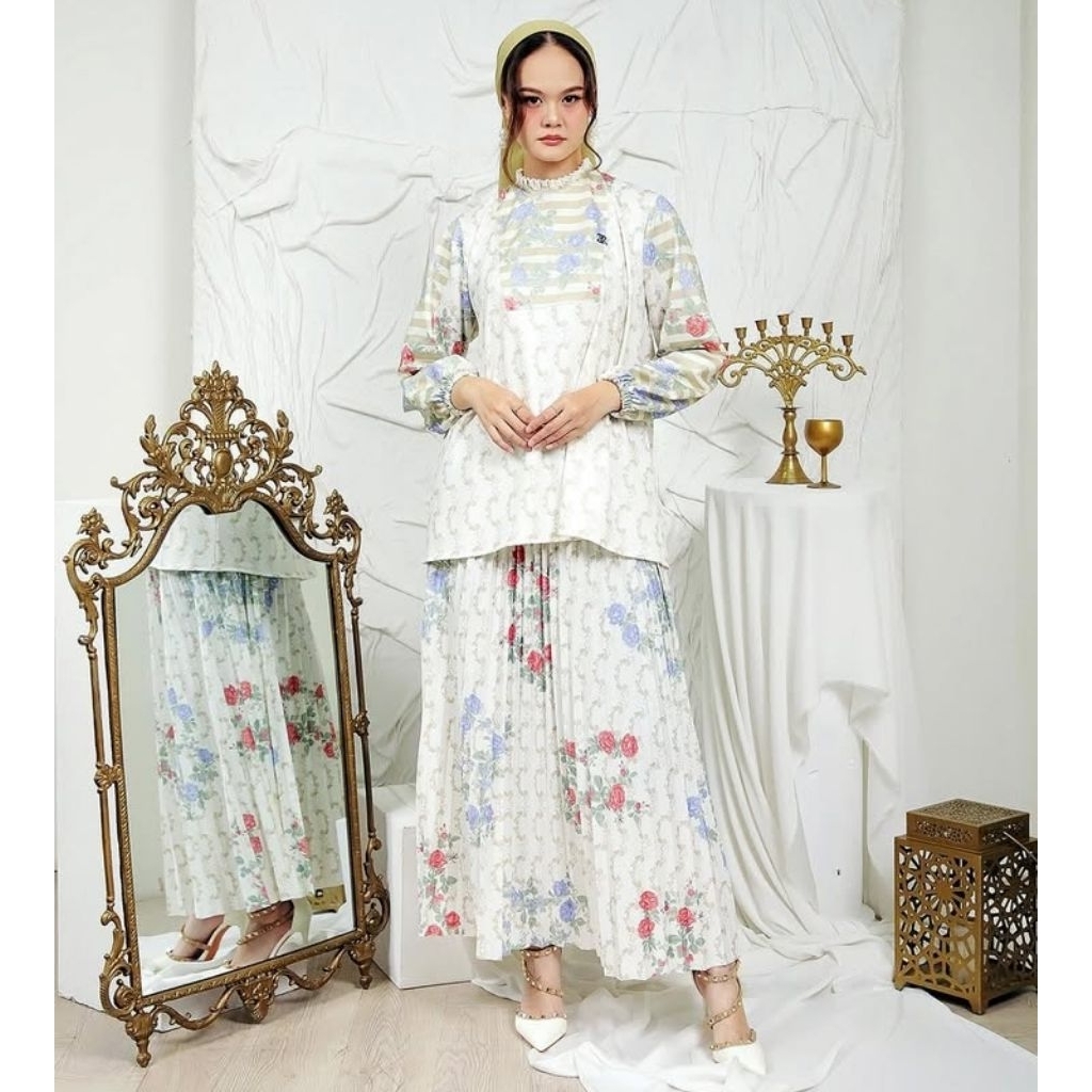 One Set Setelan Rok Plisket Premium Tebal Dan Blouse Wanita Motif Rosetta