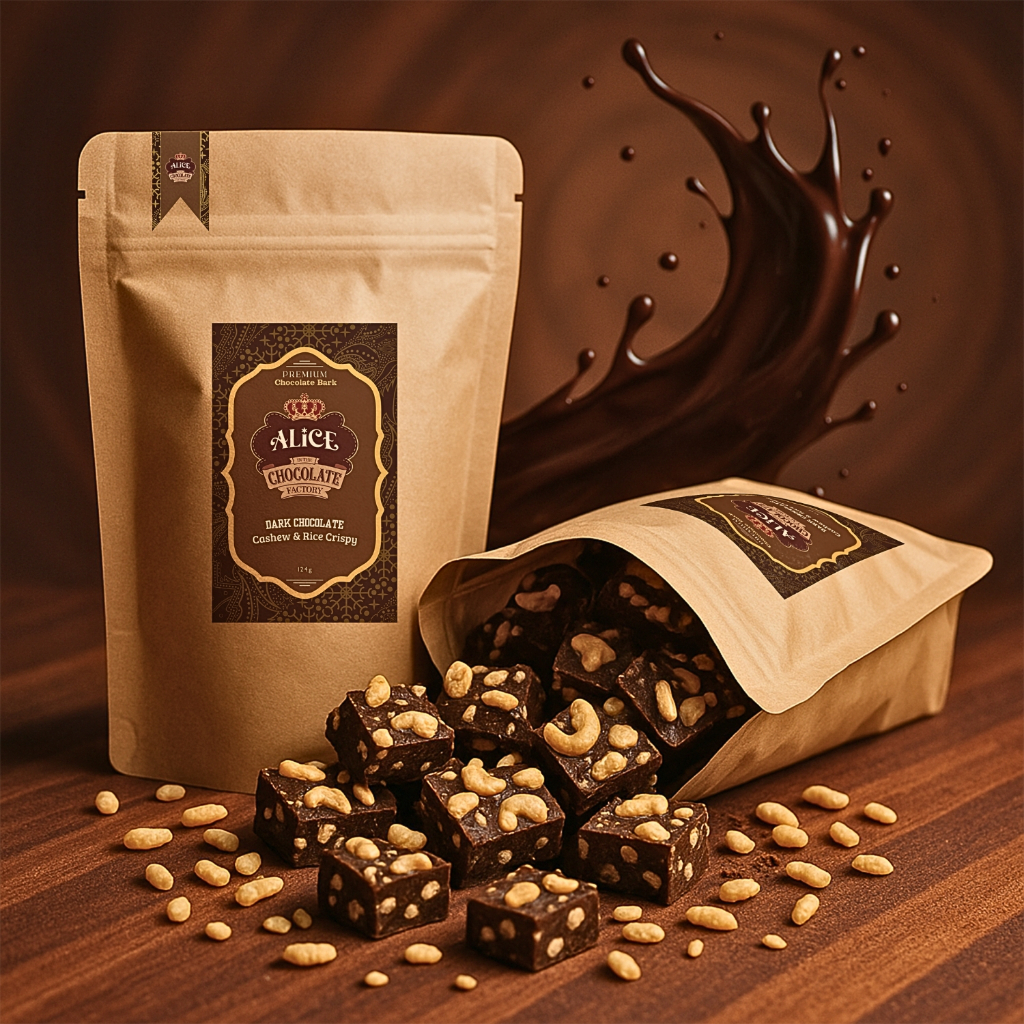 

ALICE CHOCOLATE - Duo Delight! 2 pcs Dark Chocolate Bark with Cashew and Rice Crispy | Bundling 2 Pouch Snack Dark Coklat dengan Mente Cacah dan Rice Crispy