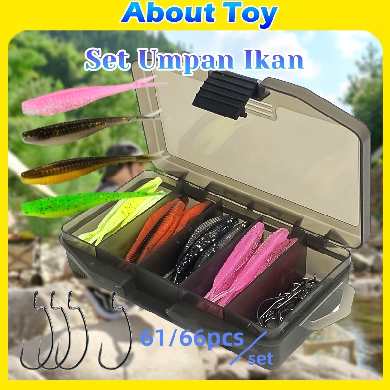 66Pcs/Set Box Umpan Soft Lure Kotak Umpan Pacning Ikan Umpan Pancing Tiruan Bentuk Ikan Bahan Karet 