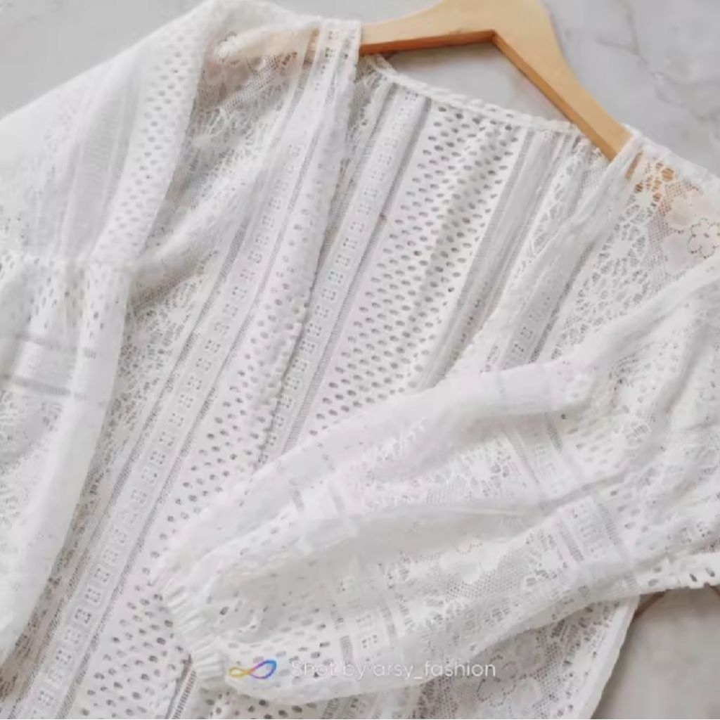 Putih Outer Cardigan Brukat Premium Burkat Panjang Borkat Lengan Balon Baju Kondangan Wanita