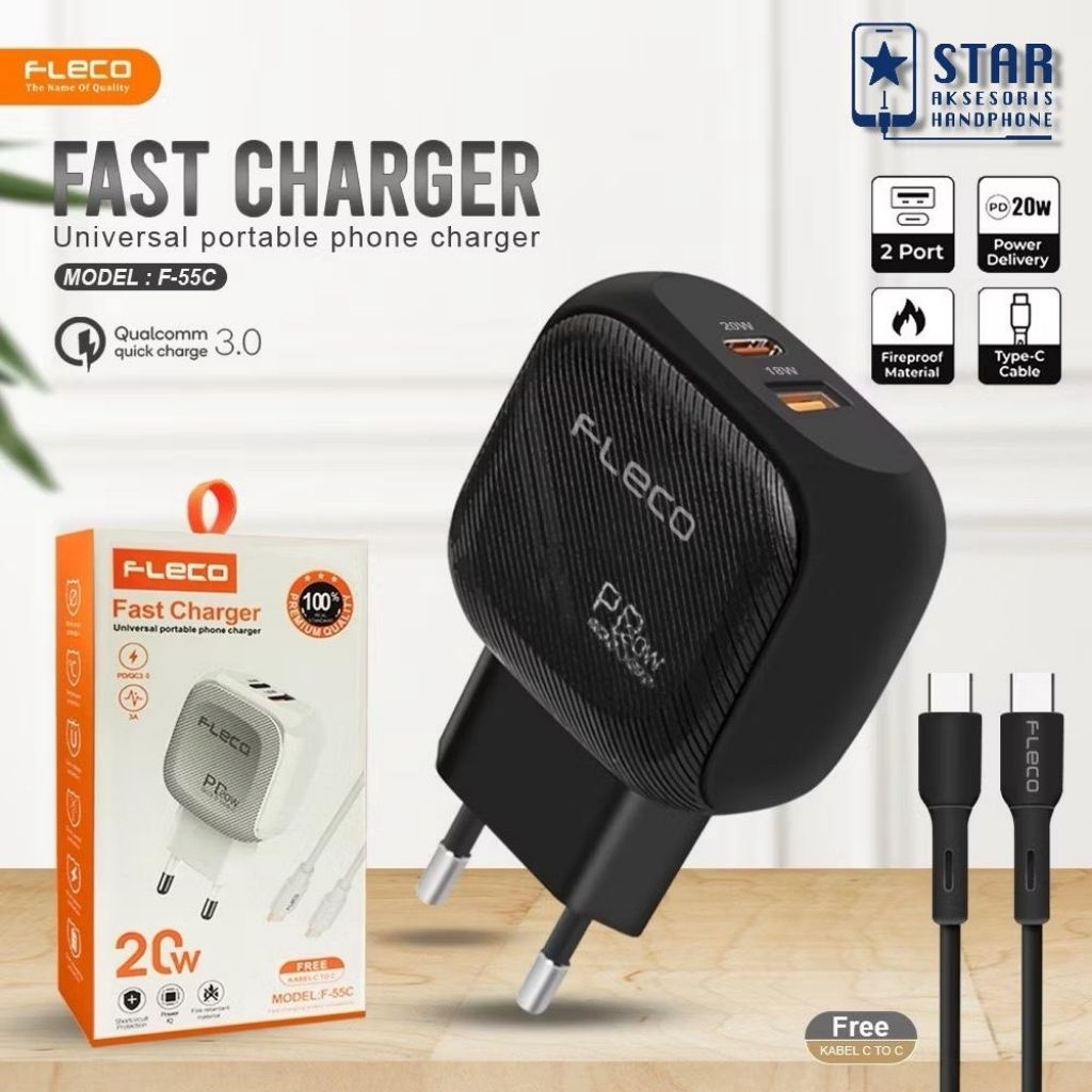 Travel Charger FLECO F-55C Fast Charger Qualcomm 3.0 20W 2port FREE Kabel Type C