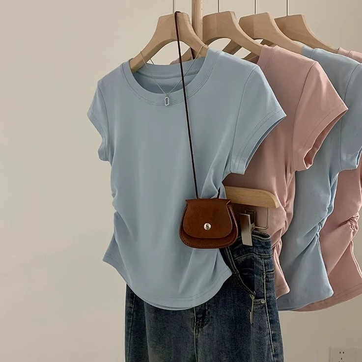 Kaos pendek biru/Kaos pendek warna solid/Kaos pendek wanita warna solid