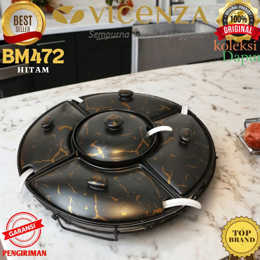 Prasmanan Putar Vicenza dengan tutup Bm472 dilengkapi roller, rak penganan, motif marmer pink marble