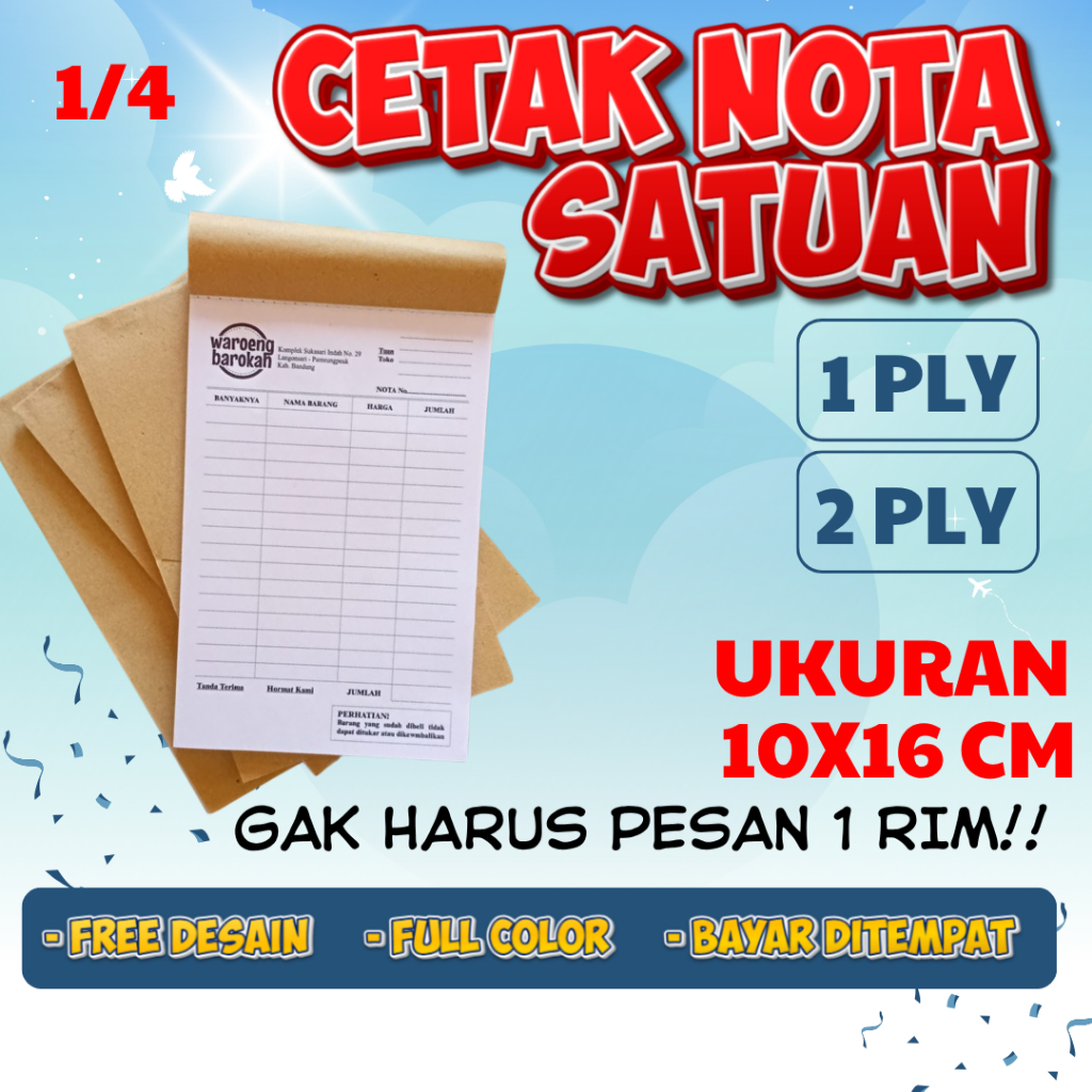 

Cetak nota Custom nama toko sendiri full color ukuran 10x16 cm Cm 1/4 polio 1 ply 2 ply