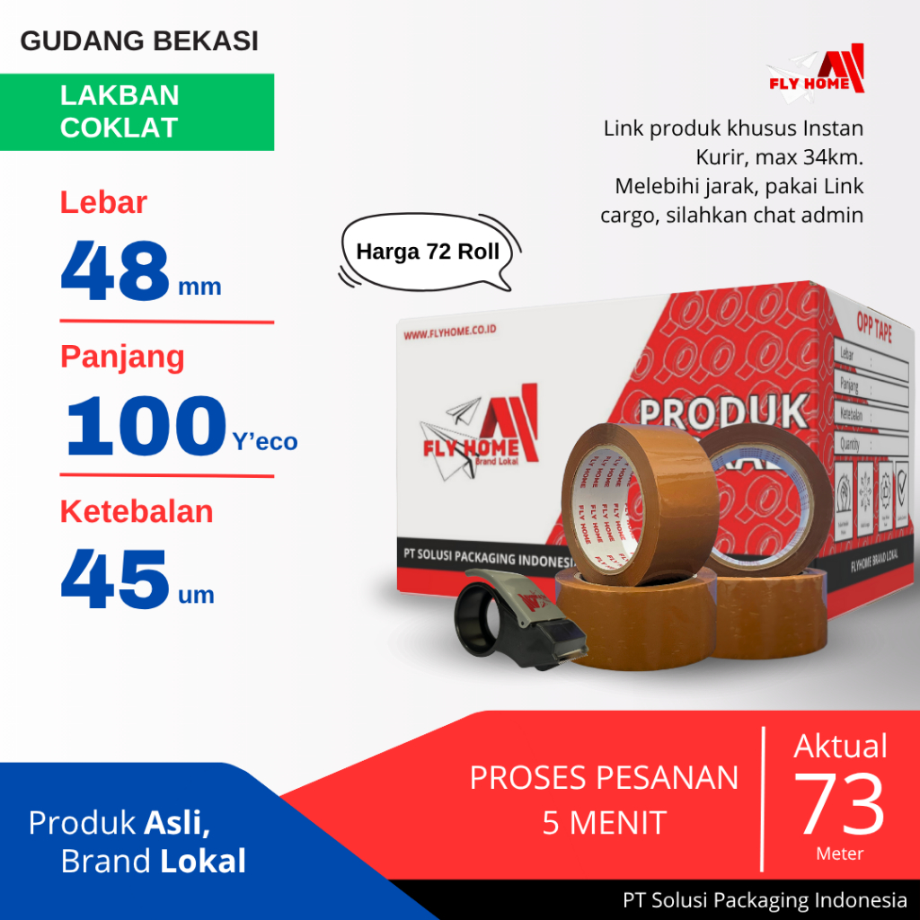 

FLYHOME 1Dus Lakban Coklat 48x100Y 2inchi Solasi Uk Besar 72Roll ECO 100 yard INSTAN