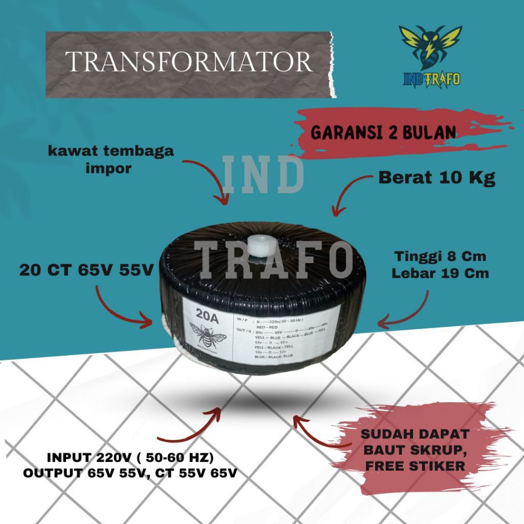 trafo toroid donat 20 ampere ct 65v - 55v
