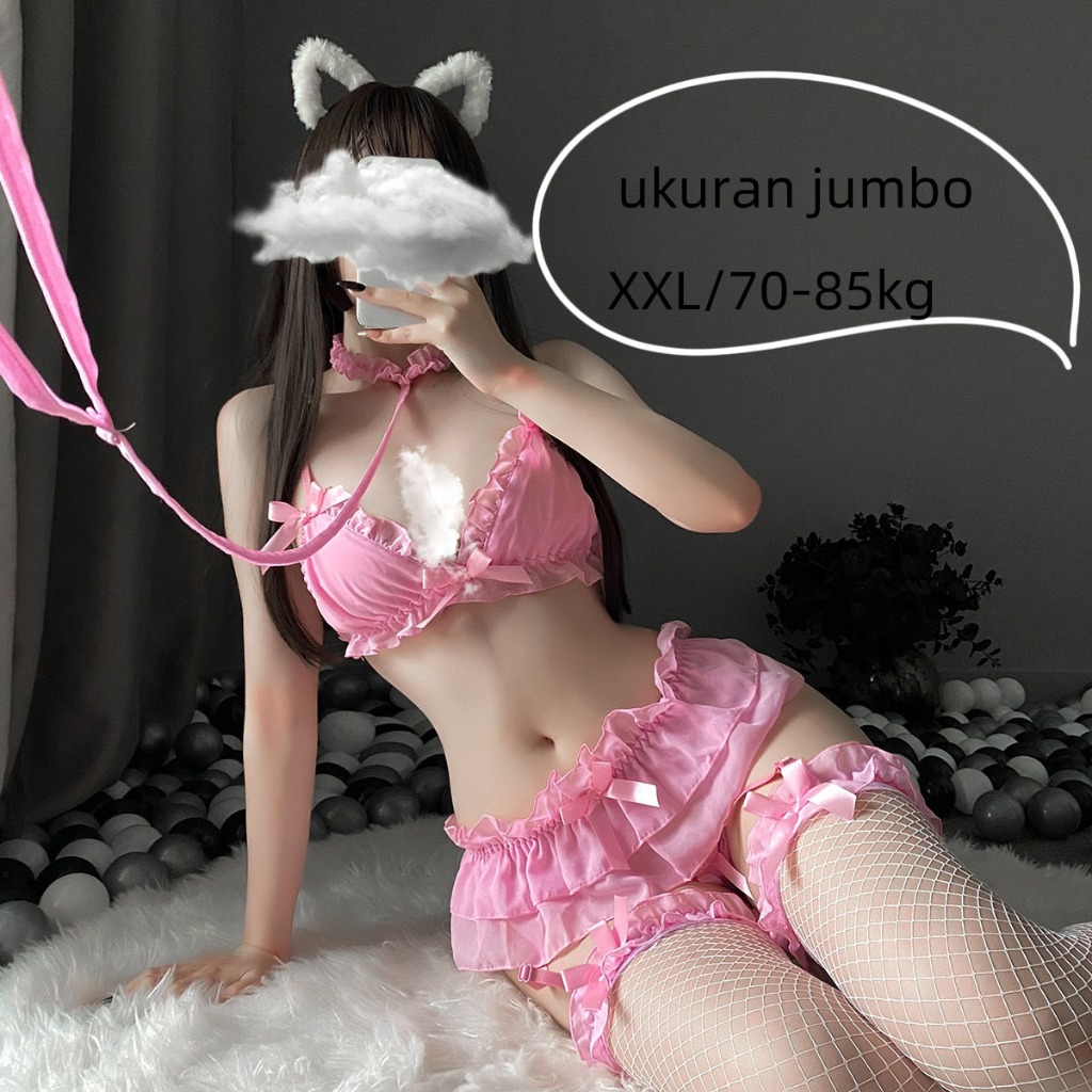 (COD) Lingerie Sexy Transparan Lingerie Cosplay Set Bra Sexy G String Panty Garter Stoking T08