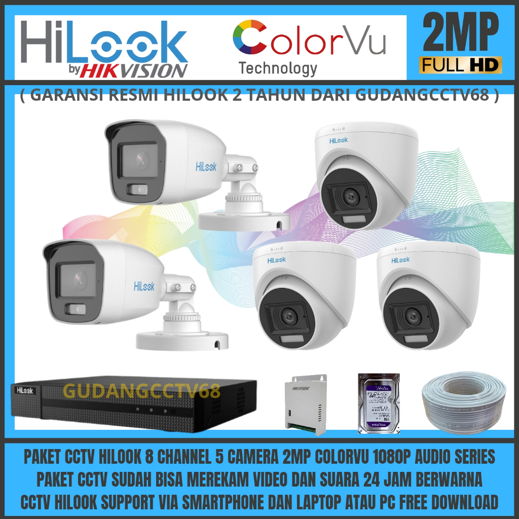 Paket Cctv HiLook Colorvu 8 Channel 5 Camera Hilook 2mp Paket Komplit  Tinggal Pasang