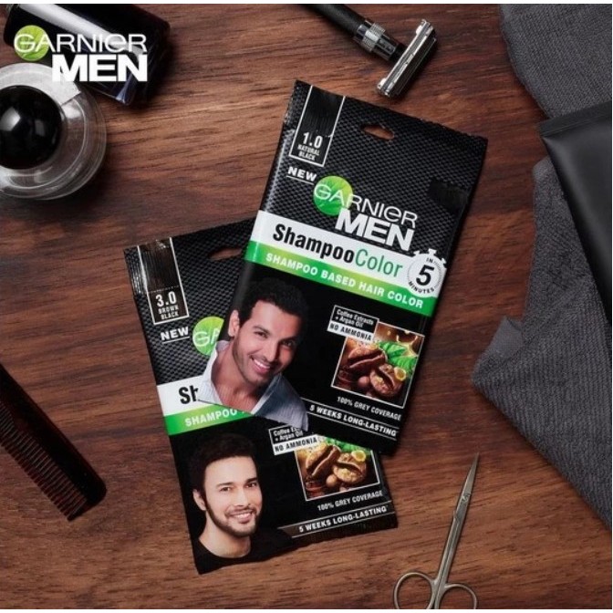  KYRA  Garnier Men Semir Rambut Shampoo Color Hitam Alami Coklat Kehitaman Cowok Kemasan Sachet