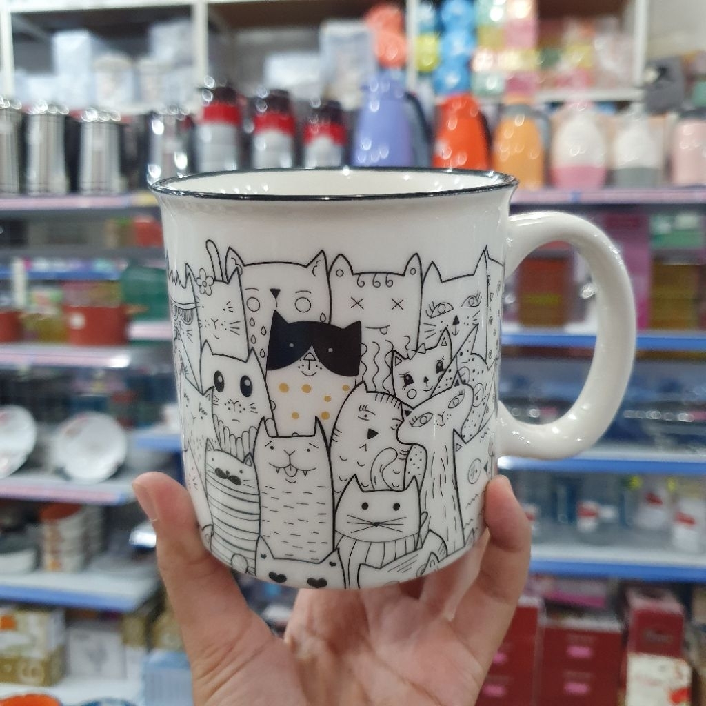 Gelas Mug Keramik Cathy Monochrome | Mug Kucing Monochrome | Mug Keramik Lucu