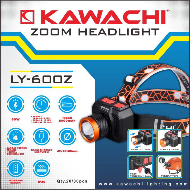 Kawachi Senter Kepala Zoom / Dual Lensa Putih dan Kuning 60watt Kawachi LY-600Z
