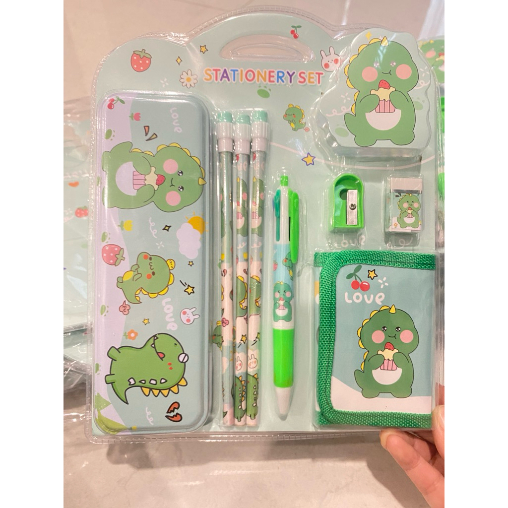 

stationery set kotak pensil kaleng lengkap motif dinosaurus