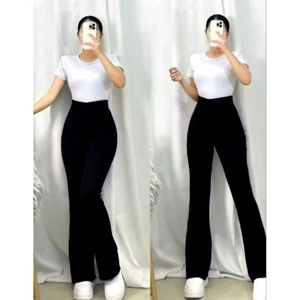 NEW Celana Fit And Flare Pants Cutbray Scuba Pinggang Highwaist Bahan Stretch Melar Elastis Kulot Cu