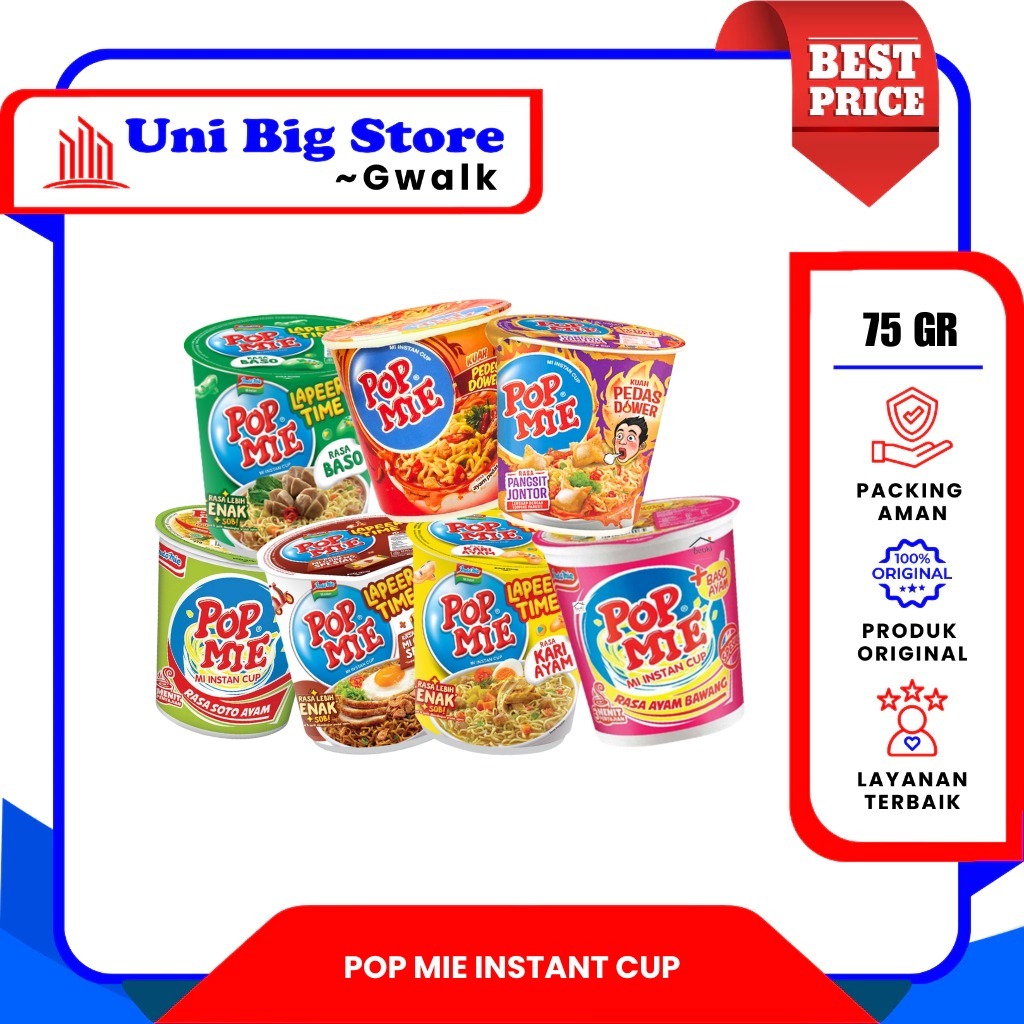 

POP MIE MI INSTAN CUP GELAS GORENG - SOTO - AYAM BAWANG - BAKSO - KARI - PEDAS DOWER AYAM PEDAS - PANGSIT JONTOR - 75 gr