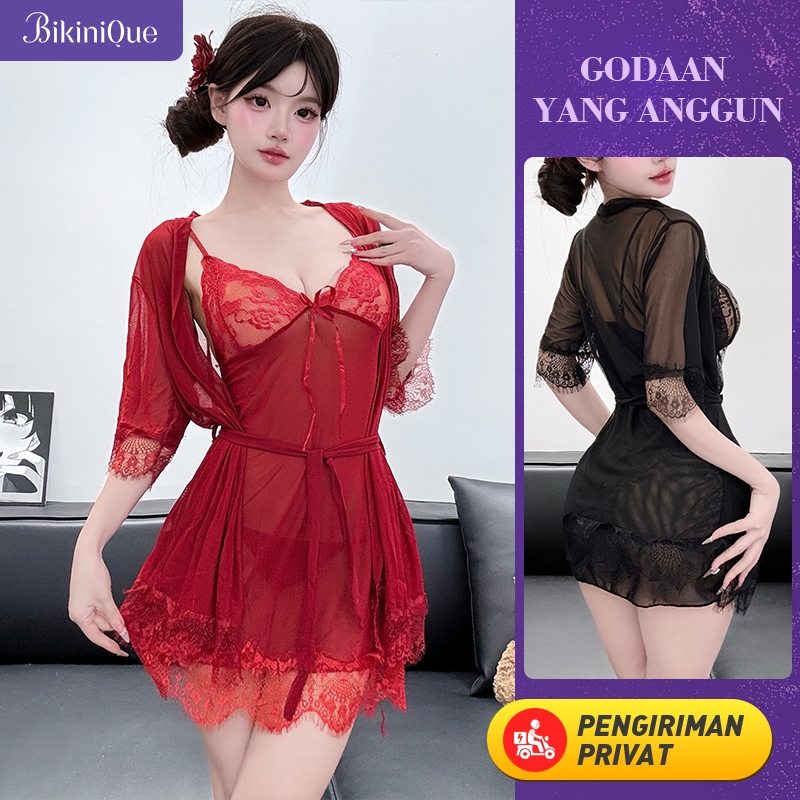 BikiniQue Baju Tidur Wanita Merah Mini Dress Tidur Renda Seksi + Kimono Tali Elegan