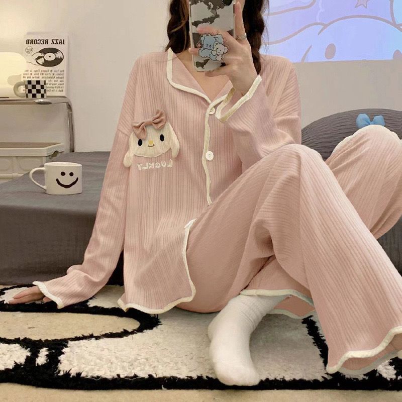 MK Piyama Set Wanita Baju Tidur Wanita Kekinia Lengan Panjang Bahan Katun Tipis Korean Style MK 015