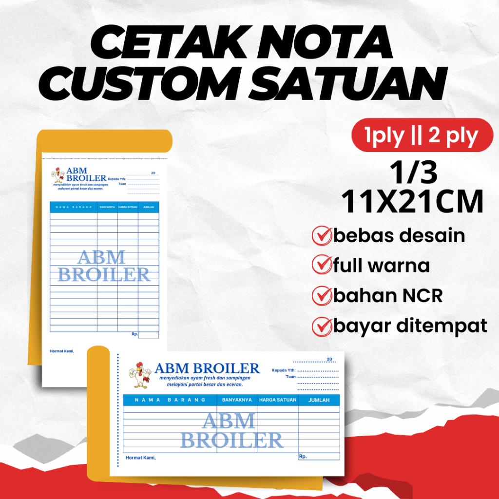 

Cetak nota Custom nama toko sendiri full color ukuran 11x21cm 1/3 polio 1 ply 2 ply