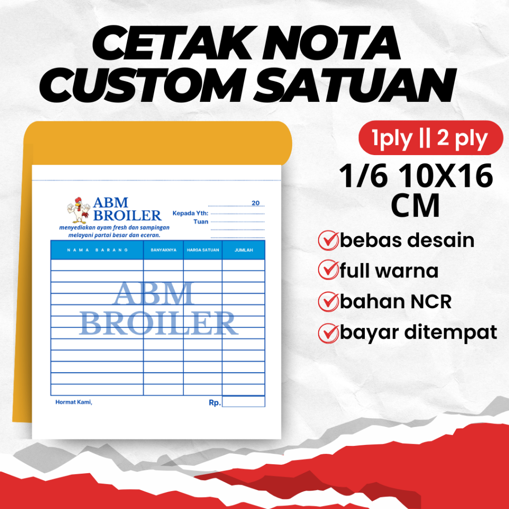 

Cetak nota Custom nama toko sendiri full color ukuran 11x10 cm 1/6 polio 1 ply 2 ply