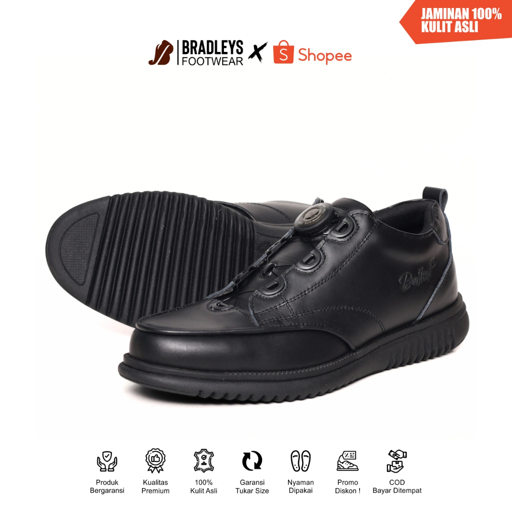 Bradleys Gianni TP Black - Sepatu Kulit Kasual Formal Pria Tali Putar | Sepatu Kulit Pria Tali Putar