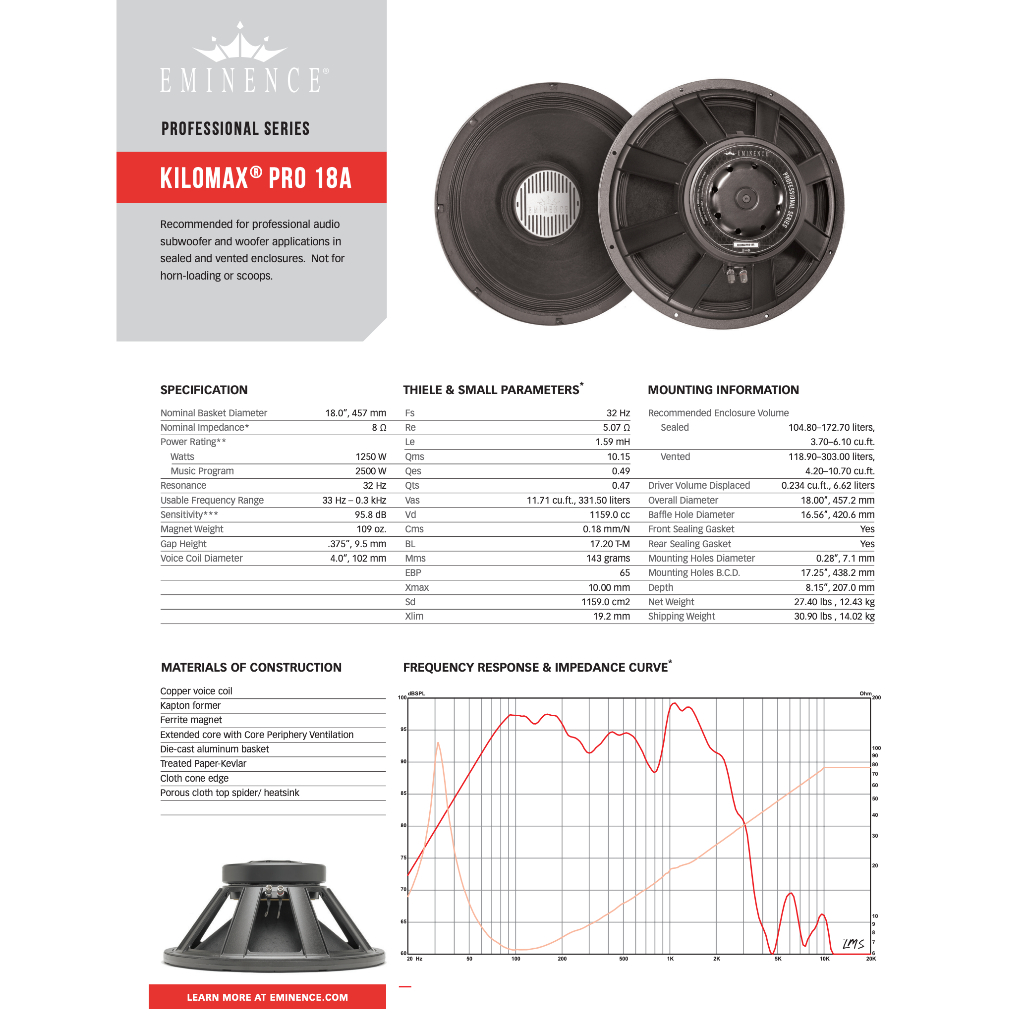 Speaker 18 Inch Eminence Kilomax Pro 18 A / Kilomax PRO18A / PRO-18A - Original Made in USA