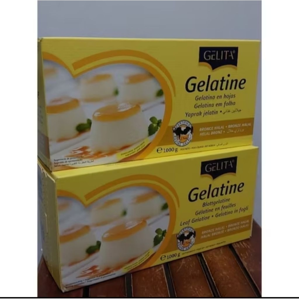 

Gelita Gelatine Lembaran isi 50 Lembar /Gelatine Halal sheet / Gelatine Leaves Bronze halal