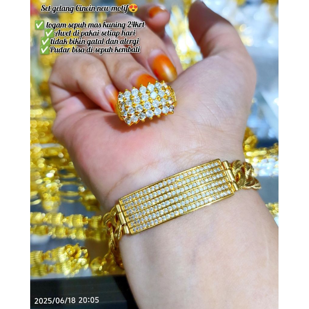 set gelang & cincin permata putih logam koin sepuh mas 24k