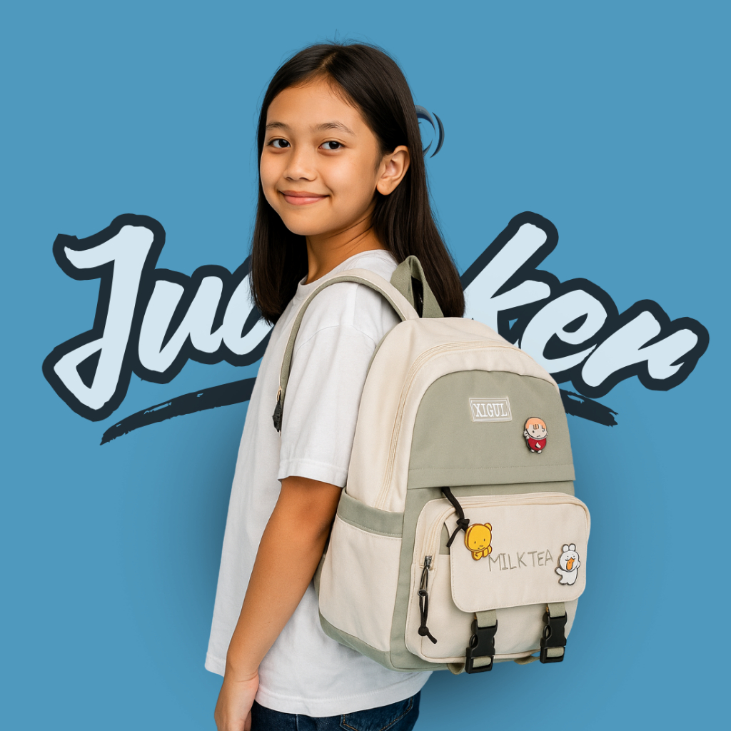 Judecker Tas Ransel Sekolah Anak SD Motif Milk Tea Hijau Army Tas Punggung Perempuan Polos Bahan Can
