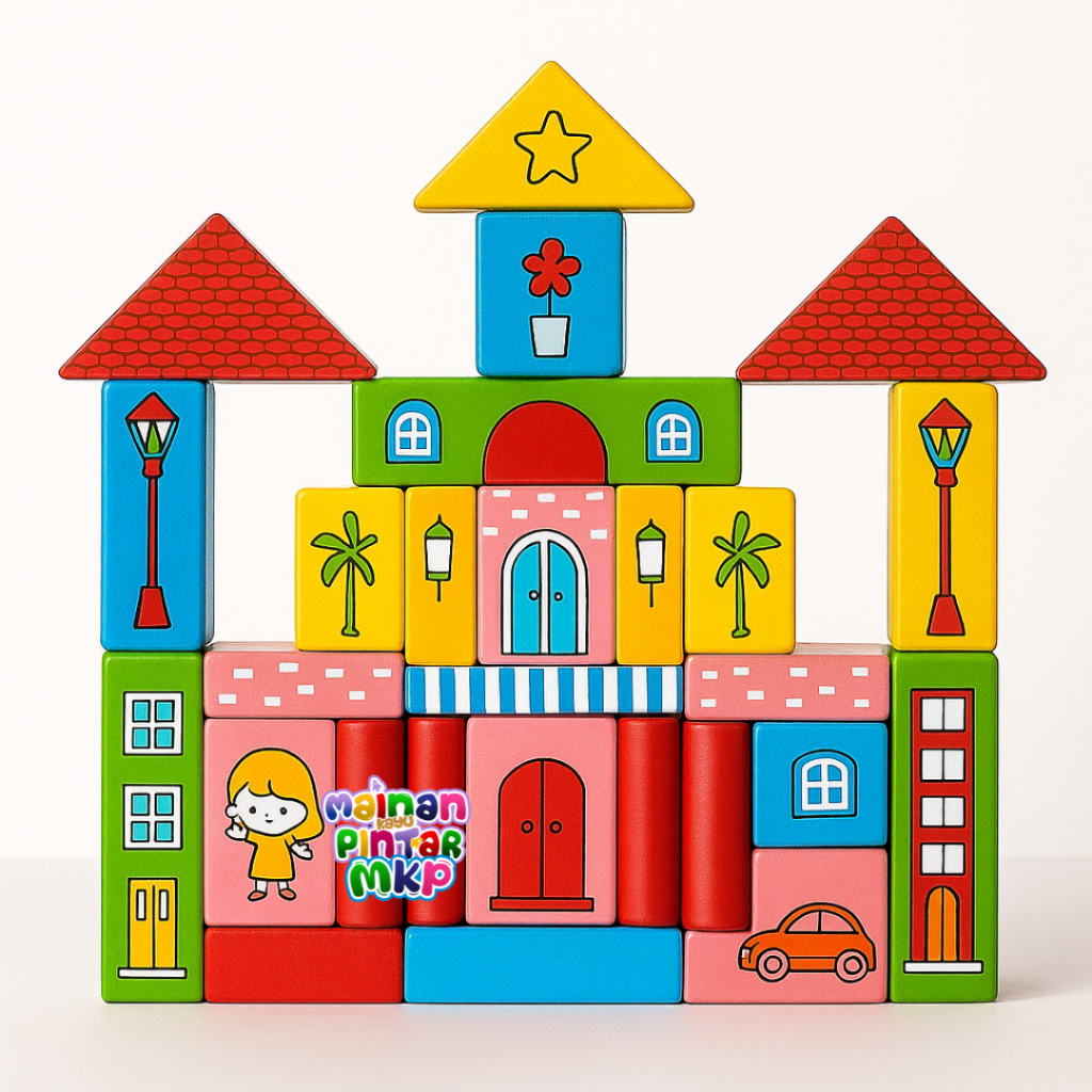 Mainan Edukasi Balok Kayu Anak Puzzle Bangun Kota Lucu Montessori Wooden Block Building Set