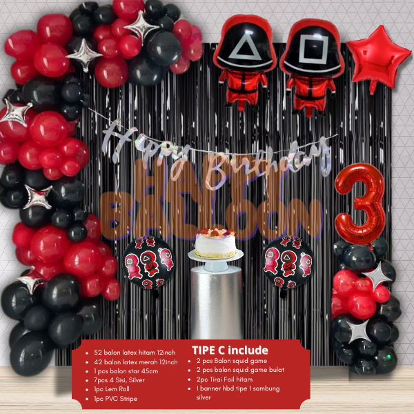 HAPPY BALLON Paket Dekorasi Ulang Tahun Tema Squid Game  (PD268)