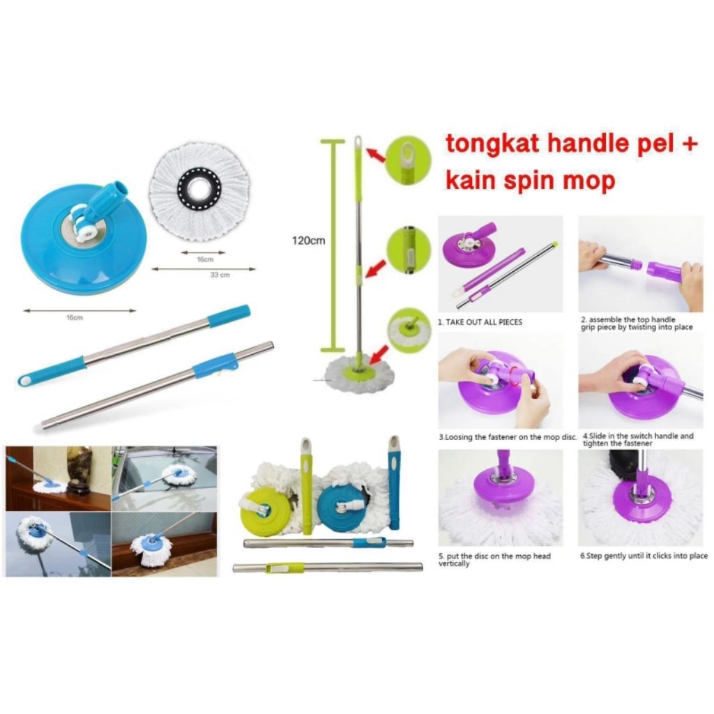 tongkat handle pel + kain spin mop