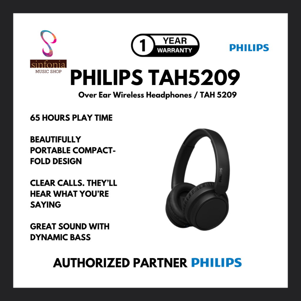 Philips TAH5209 Over-Ear Wireless Headphones Hitam - 65 Jam Pemutaran