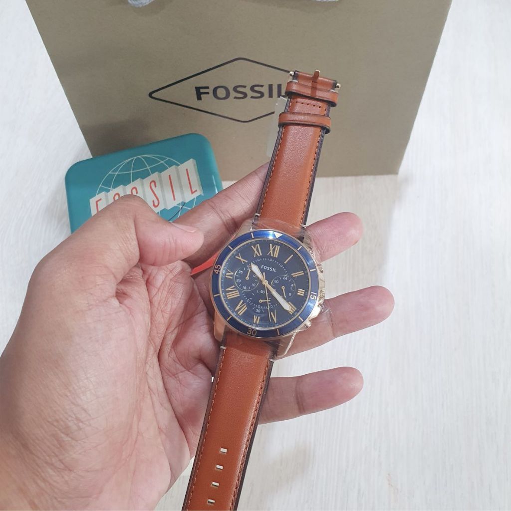 Jam Tangan Pria FS5268 Grant Chronograph Blue Dial Genuine Leather Strap