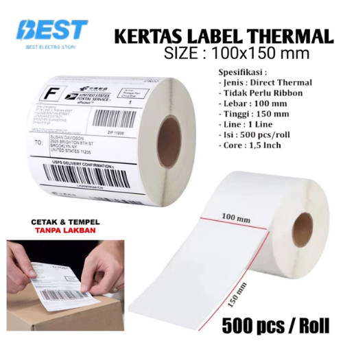 

kertas label/Kertas Print RESI JOB Thermal Tempel 100x150mm dan 100x100mm isi 500 lembar label