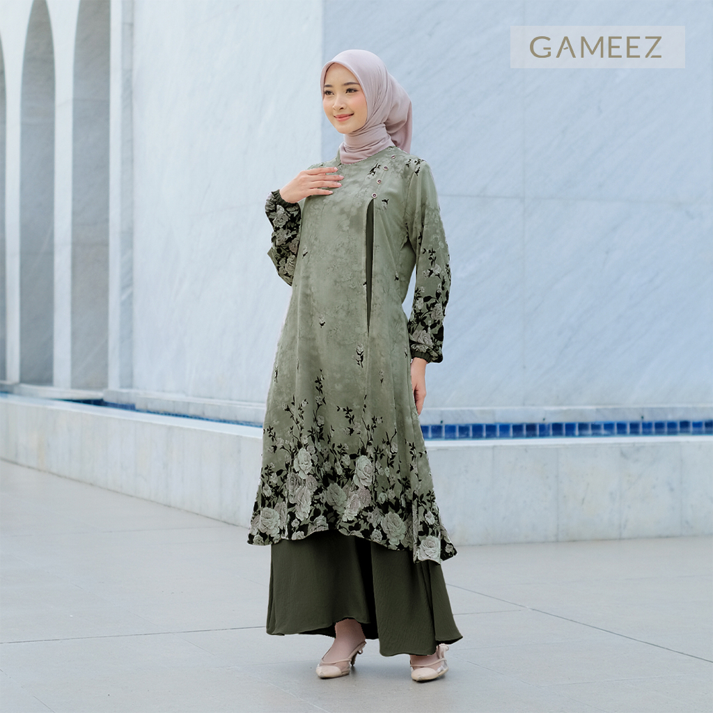 Gameez - Gamis Maxi Dress Ceruty Premium Kondangan Muslim Malay Motif Bunga Warna Sage green - GM03