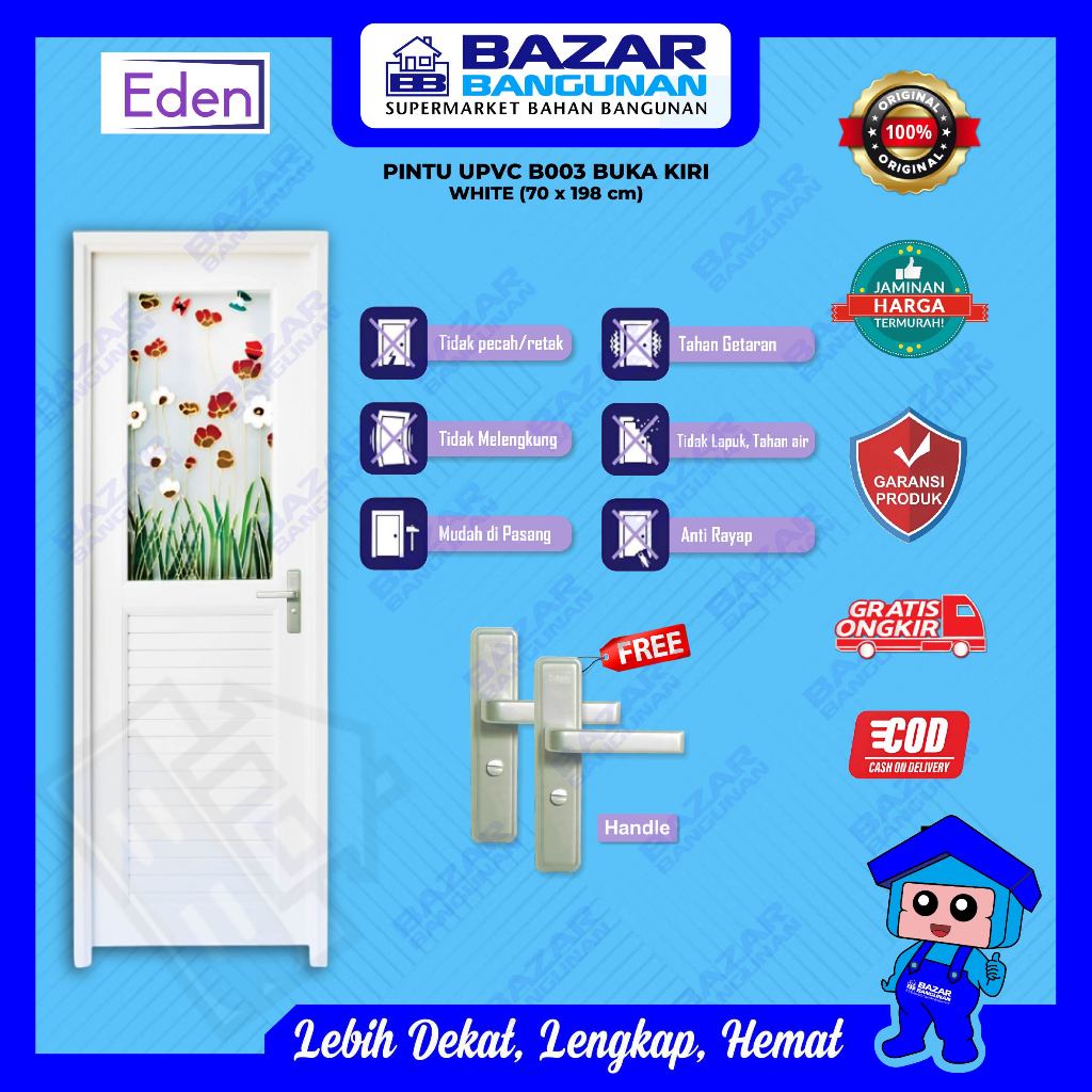 Eden - Pintu Kamar Mandi Toilet WC Joice B003 UPVC Kaca White Putih 70x198 Handle Kanan Buka Kiri