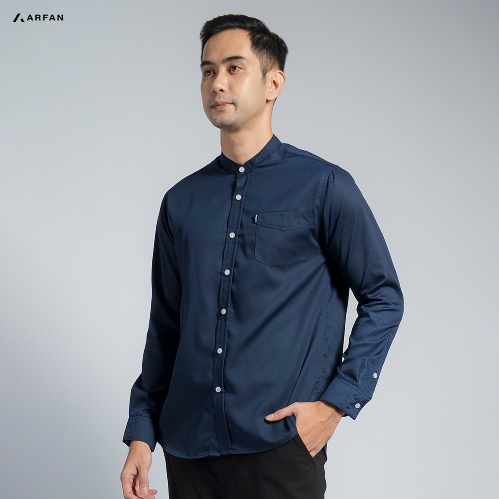 Arfan Kemeja Koko Alif Series Pria Bahan Cotton Toyobo Navy Lengan Panjang