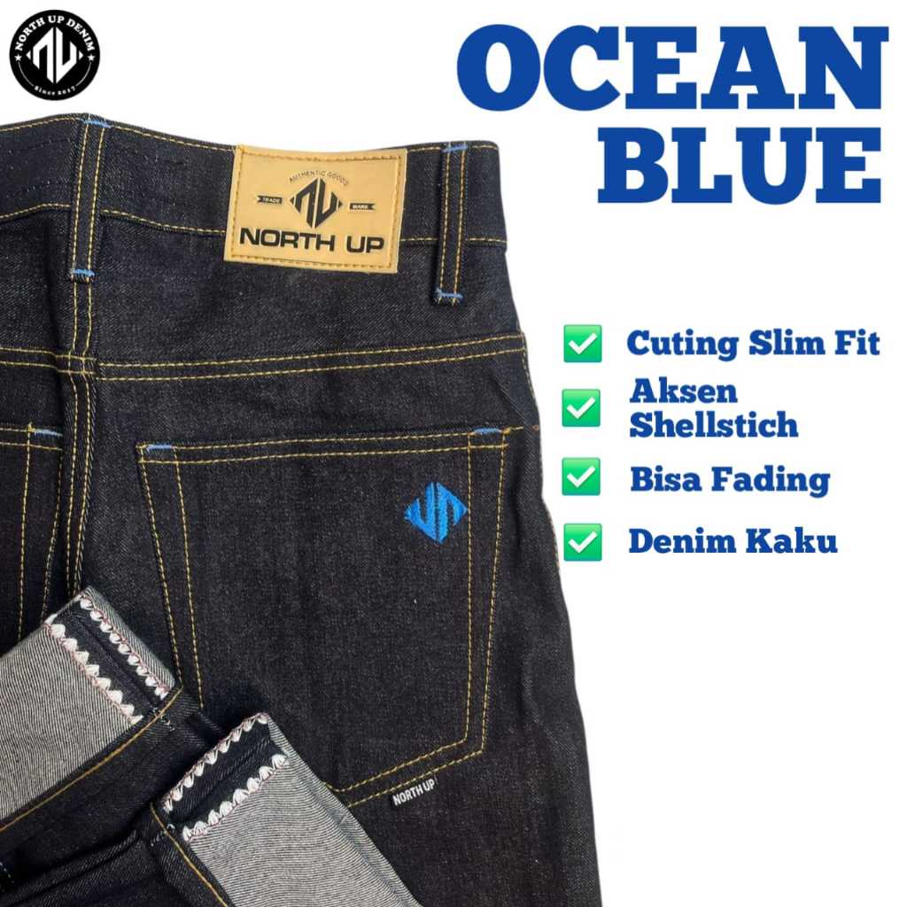 NORTH Jeans Ocean Celana Jeans Pria Ocean Blue Raw Denim 15 Oz Selvedge Shell Stitch Accent Jeans Oc