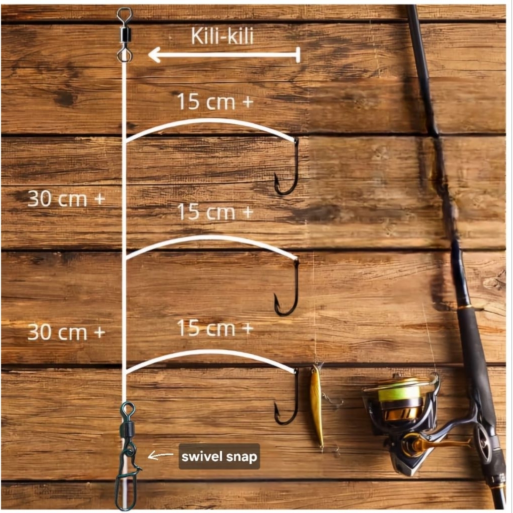 Rangkaian pancing dasaran untuk laut 3 kail mengunakan( swivel snap)