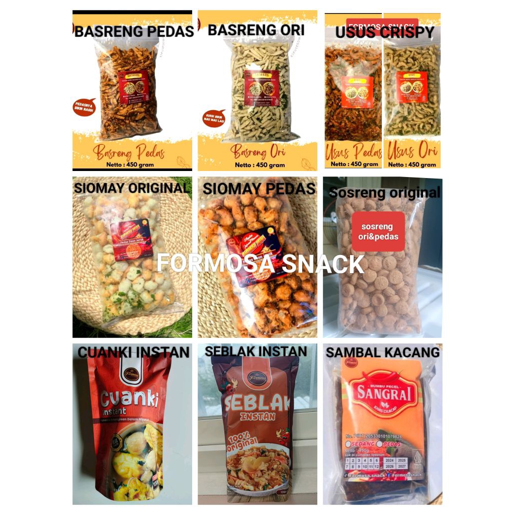

All produk Formosa Snack,basreng,usus crispy,siomay mini,peyek koin,seblak mawut,sosreng,sambel pecel,seblak instan ,cuanki instan