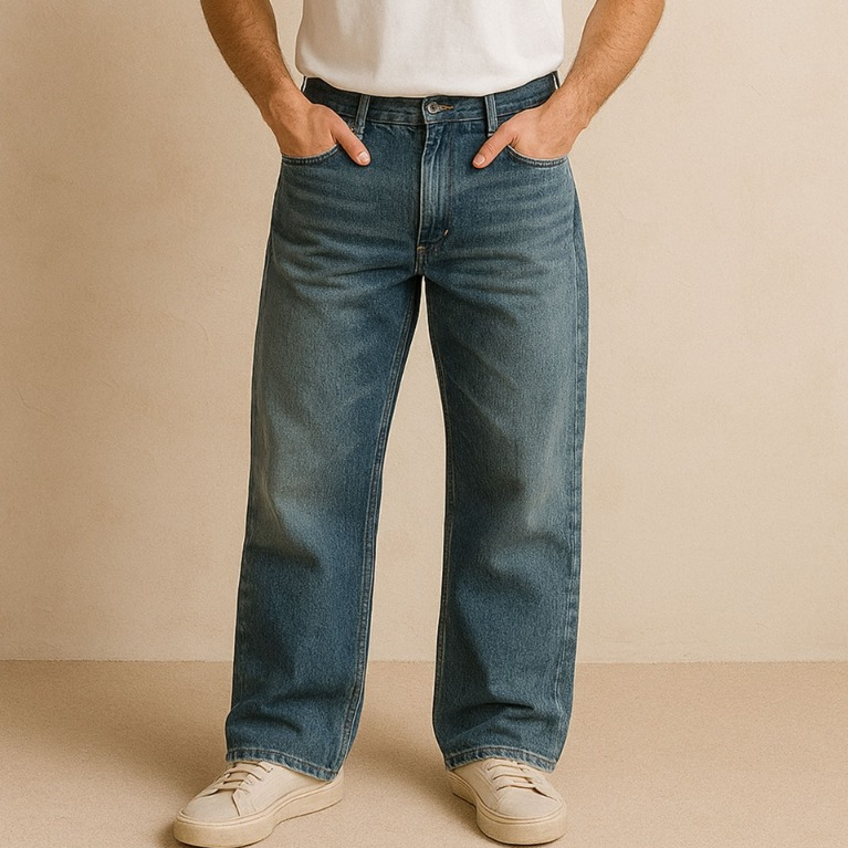 Dhozen Celana Raw Jeans Reguler Baggy Pants Selvedge Stitch Blue Washing