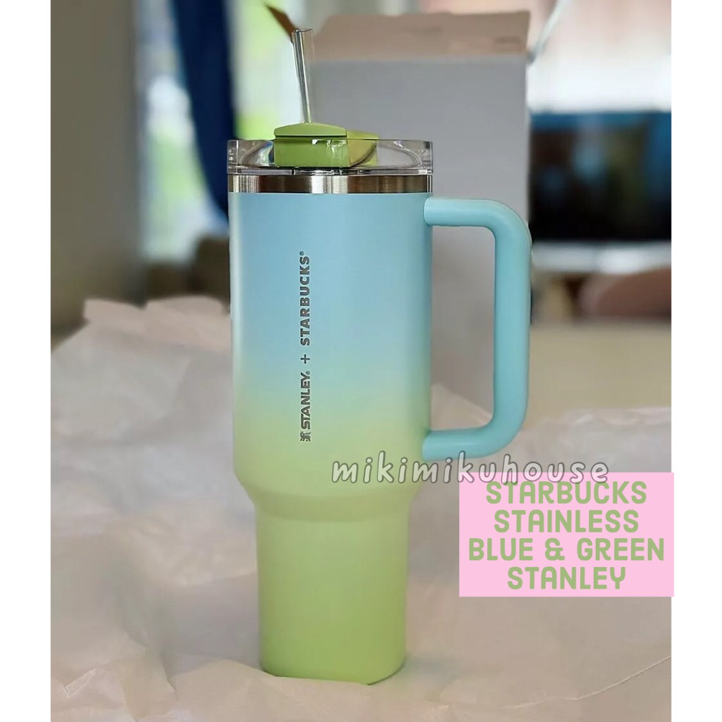 FAST PO STANLEY STARBUCKS STAINLESS STEEL BLUE AND GREEN 40 OZ WITH STRAW BLUE GREEN STANLEY X STARB