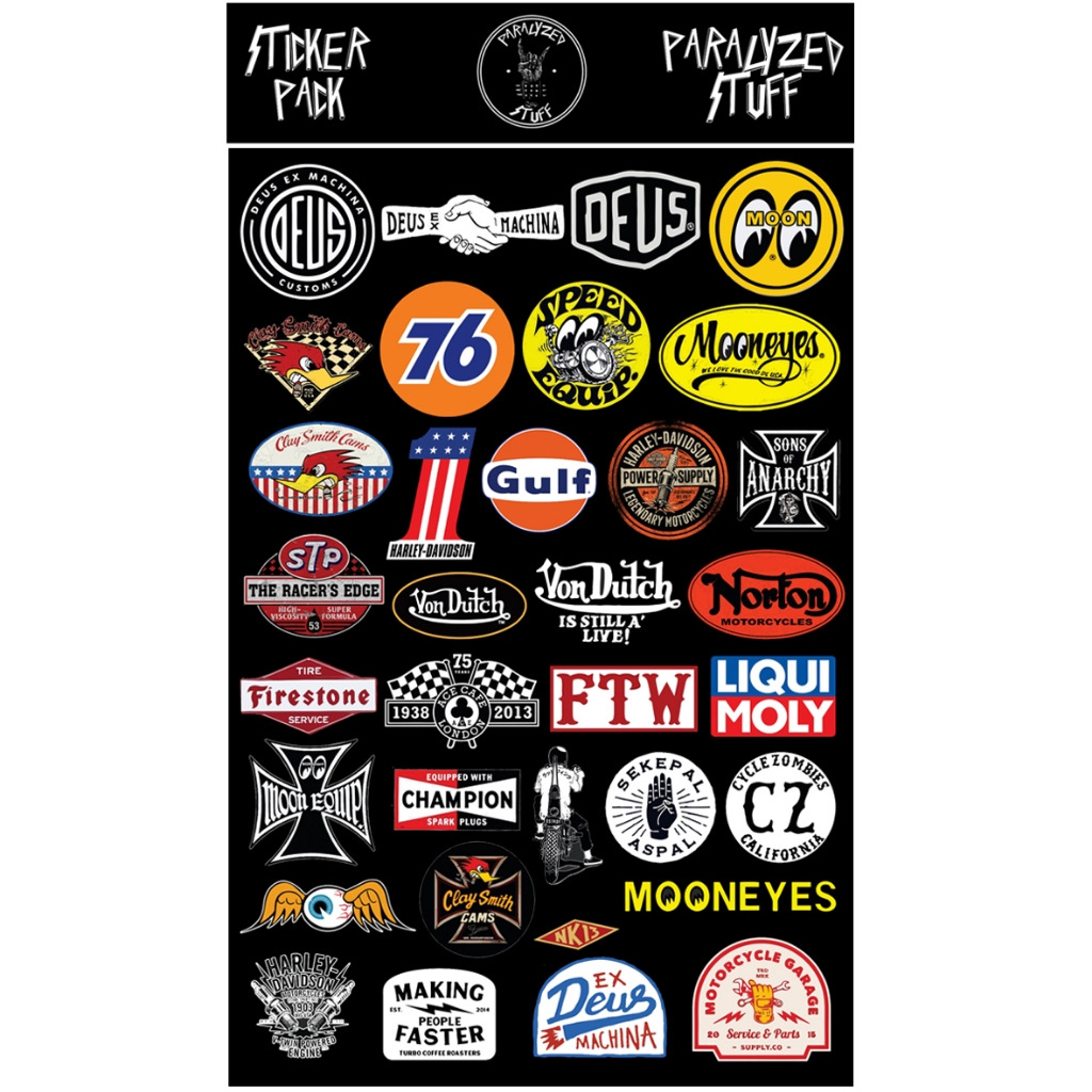 

(VOL III) 34PCS STICKERPACK MOTOR STIKER LAPTOP MOONEYES CLAYSMITH DEUS EX MACHINA VONDUTCH CHOPPER
