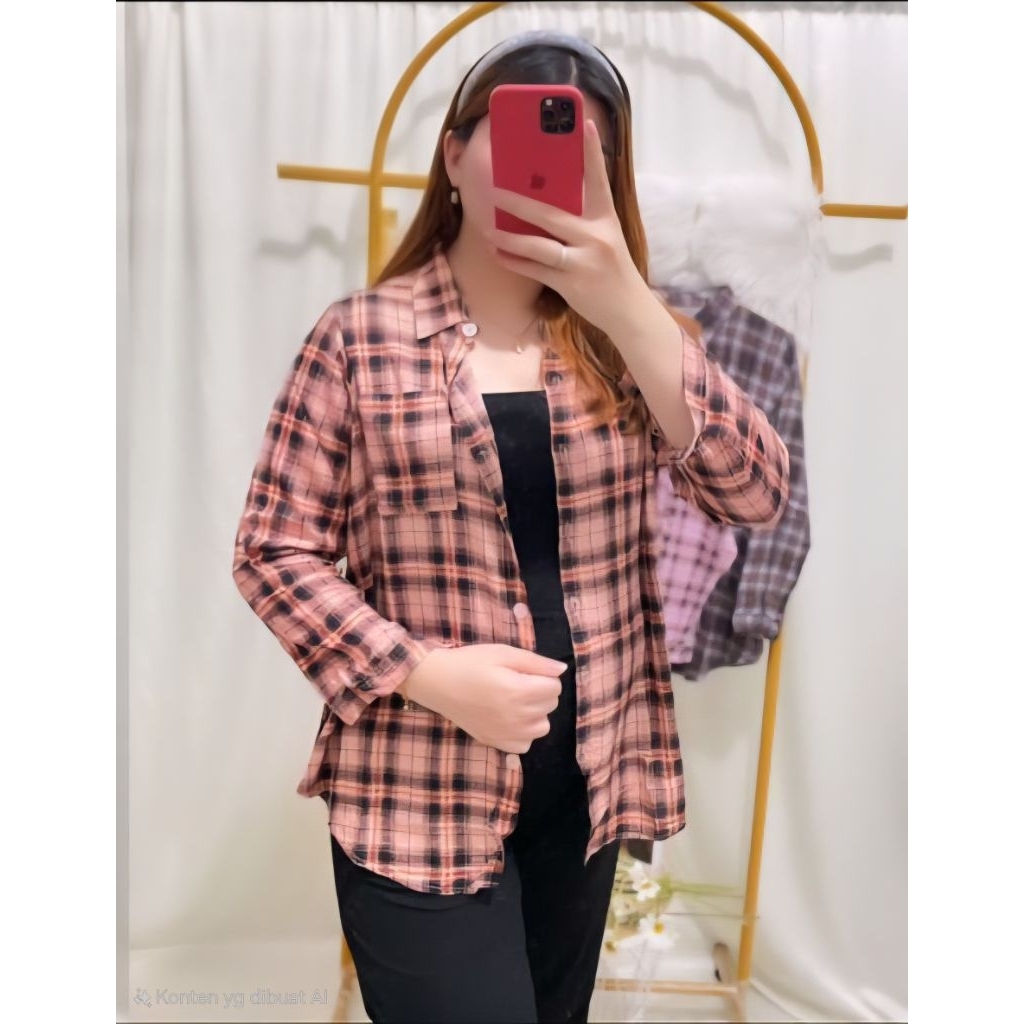Kemeja Blouse Wanita // Motif kotak // Bahan Rayon Premium // Kancing Lengan New